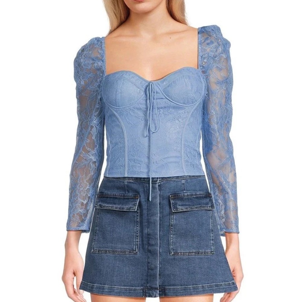 Chelsea & Violet Blue Lace Corset Top Long Puff Sleeve Sweetheart Size 4 NWT - Picture 3 of 13